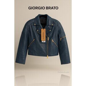 Giorgio Brato Boxy Biker Leather Jacket Topazio Blue IT42 NWT Made in Italy K253